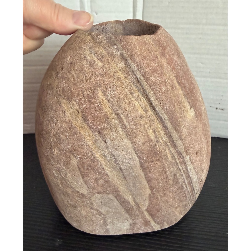 Natural Carved Sandstone Bud Vase Organic Egg Shape Desert Minimalist Decor 6in